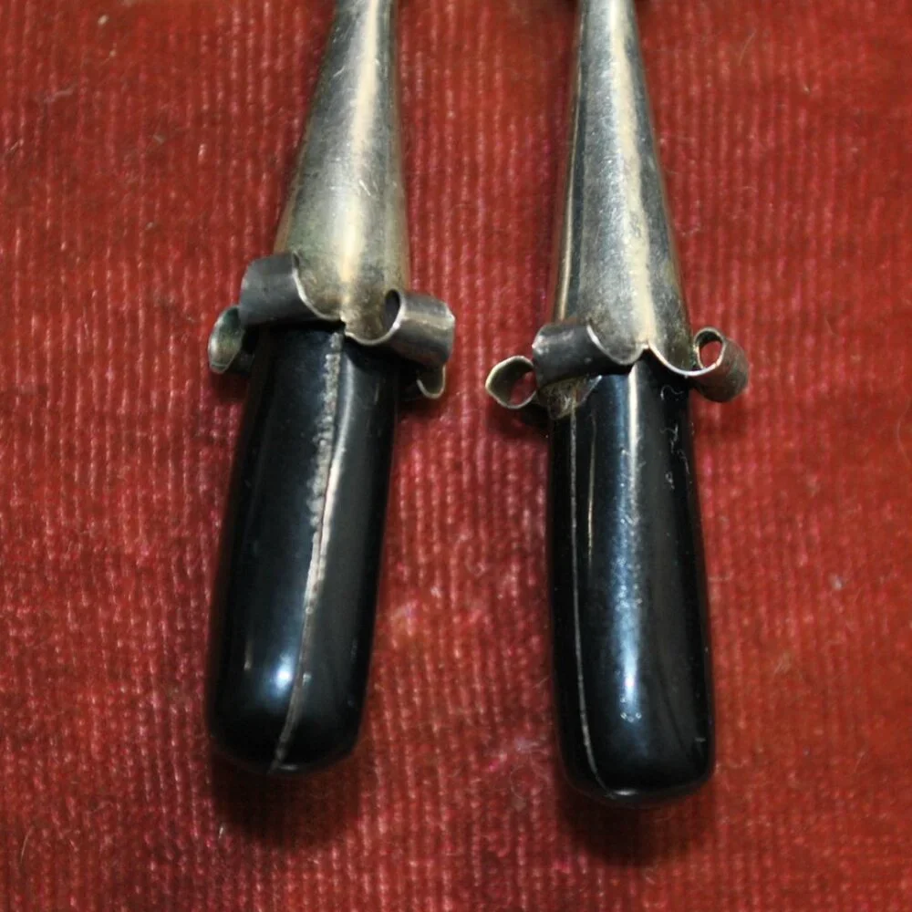 Vintage Sterling Silver Drop Screw-back Flower Earrings with Black Plastic